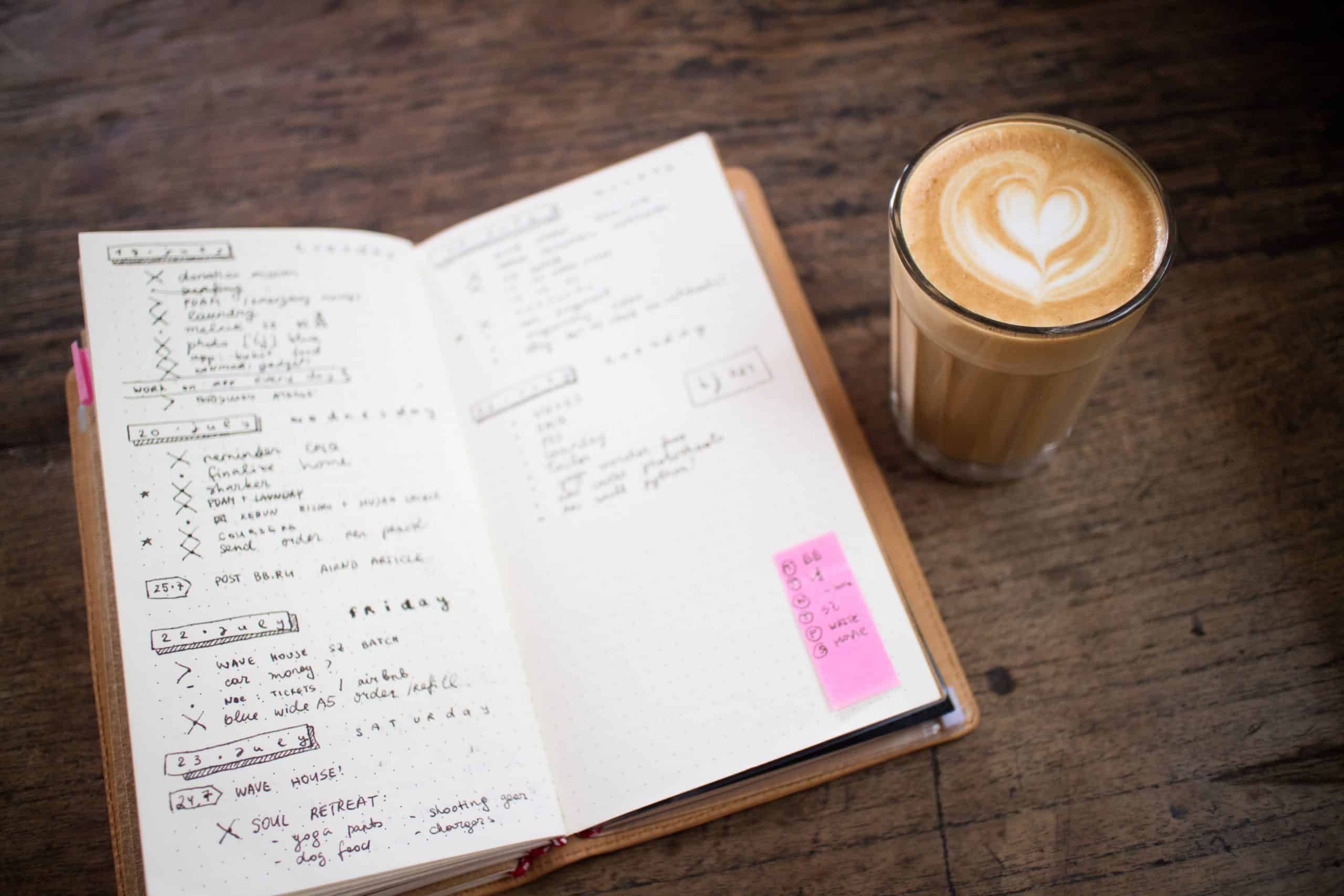 bullet journal with coffee on a wood desk